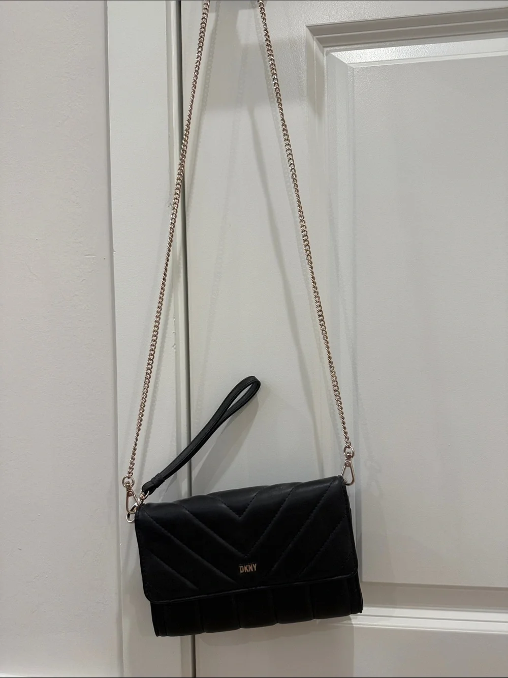 DKNY Black Quilted Crossbody with Gold Chain Strap